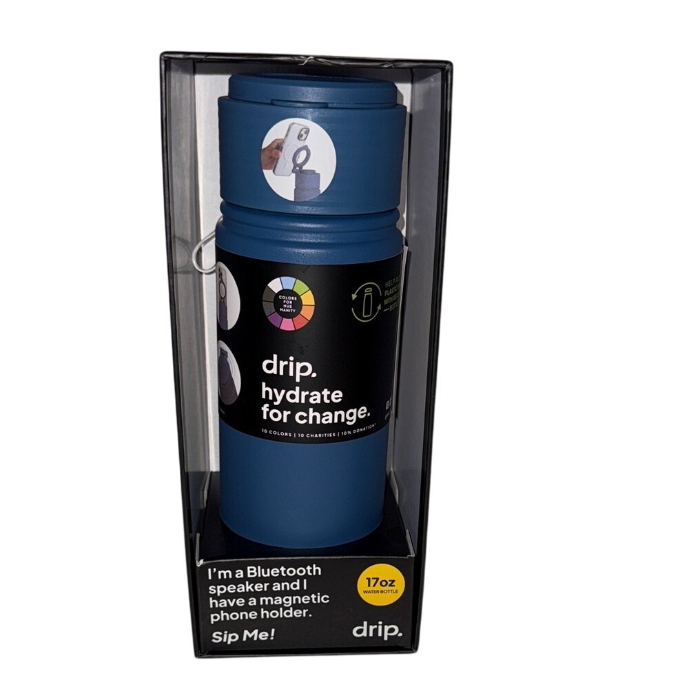 Drip 17oz Water Bottle Bluetooth Speaker Magnetic Phone Holder Blue New in box‎